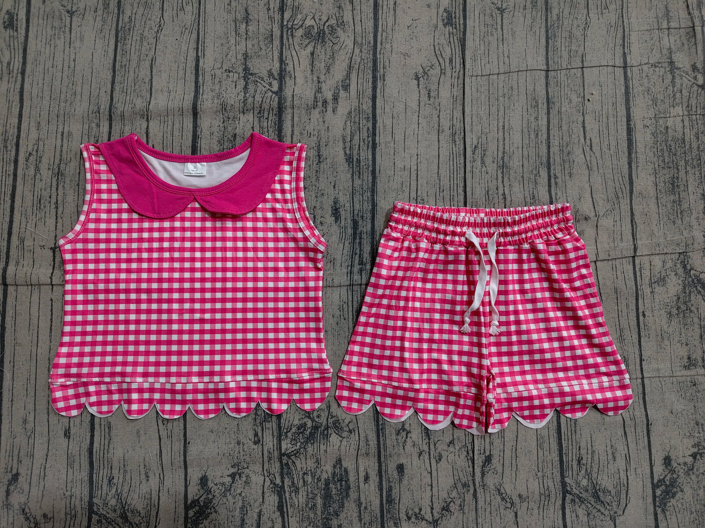 Baby Girls Sleeveless Hot Pink Checked Collar Top Shorts Scallop Clothes Set