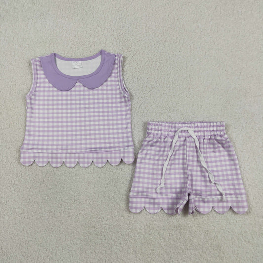 Baby Girls Sleeveless Lavender Checked Collar Top Shorts Scallop Clothes Set