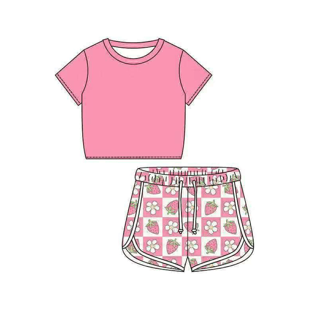 Baby Girls Short Sleeve Shirt Top Strawberry Checked Shorts Clothes Set Preorder