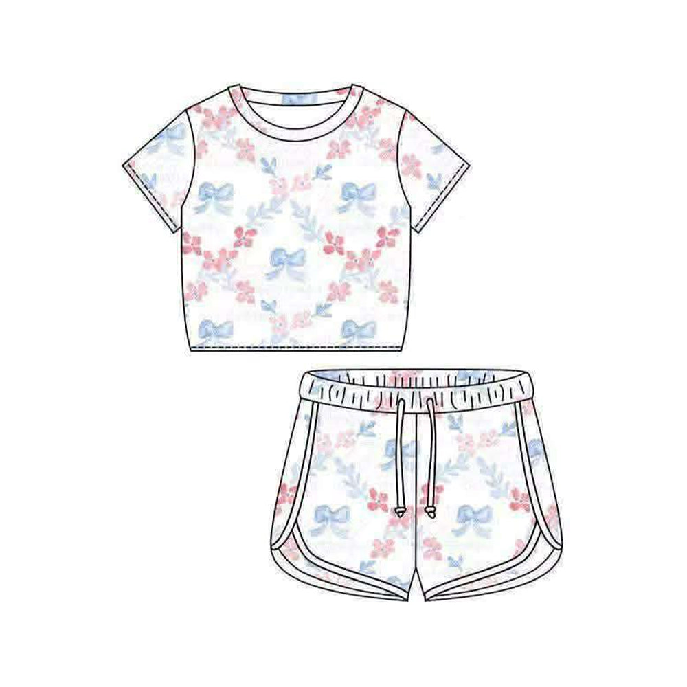 Baby Girls Short Sleeve Bows Flowers Checked Top Shorts Clothes Set Preorder