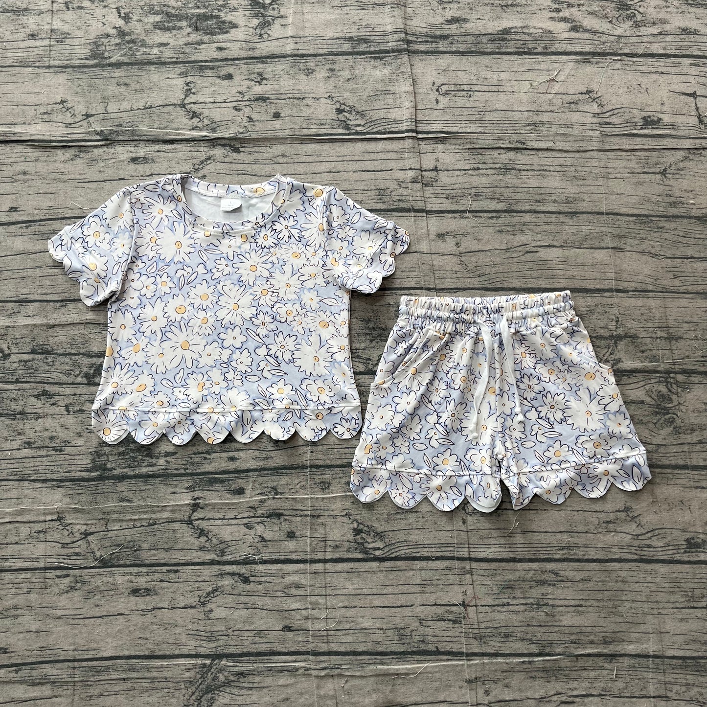 Baby Girls Short Sleeve Daisy Flowers Top Pockets Shorts Scallop Clothes Sets
