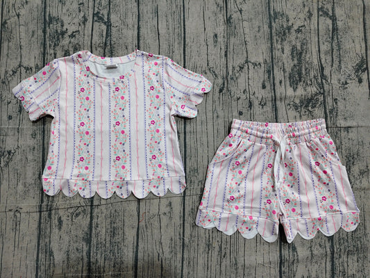 Baby Girls Flowers Stripe Top Pockets Shorts Scallop Clothes Set