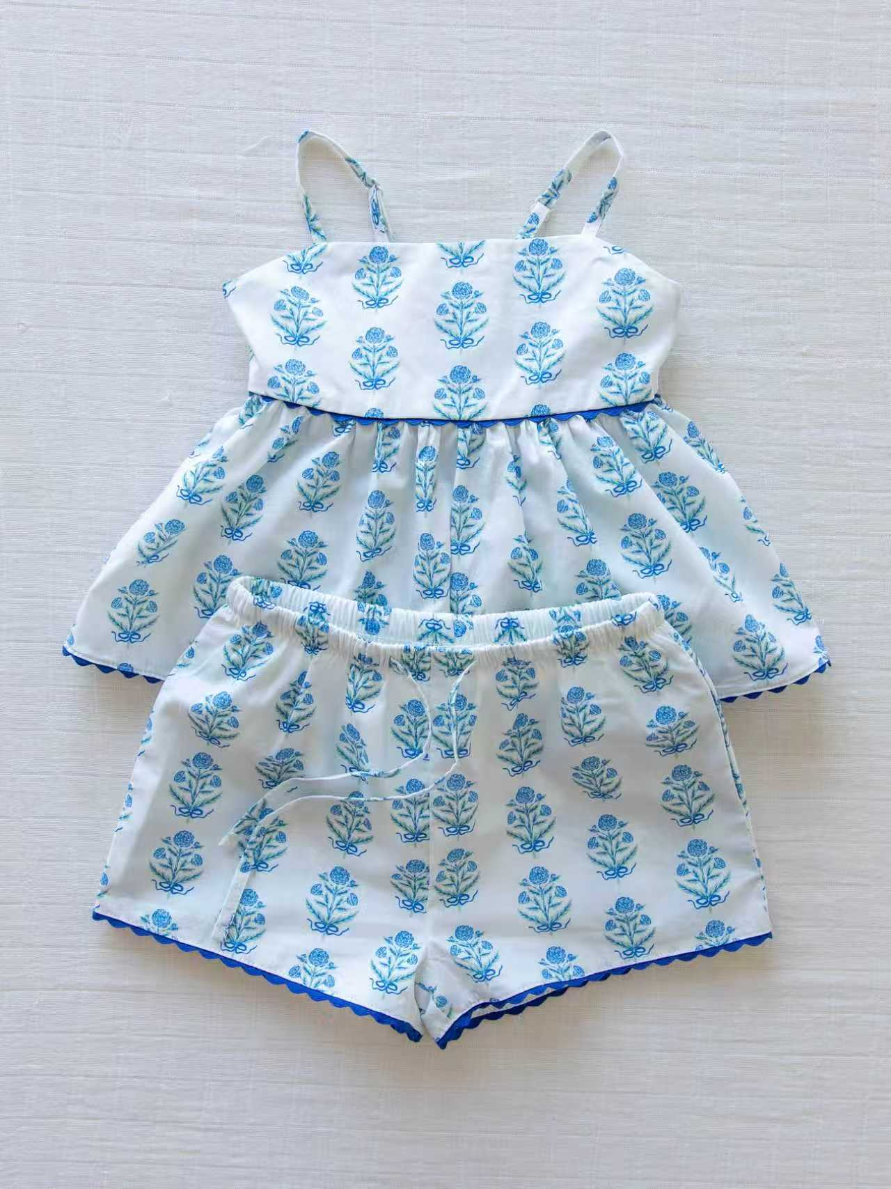 Baby Girls Strap Blue Flowers Tunic Short Clothes Sets Preorder