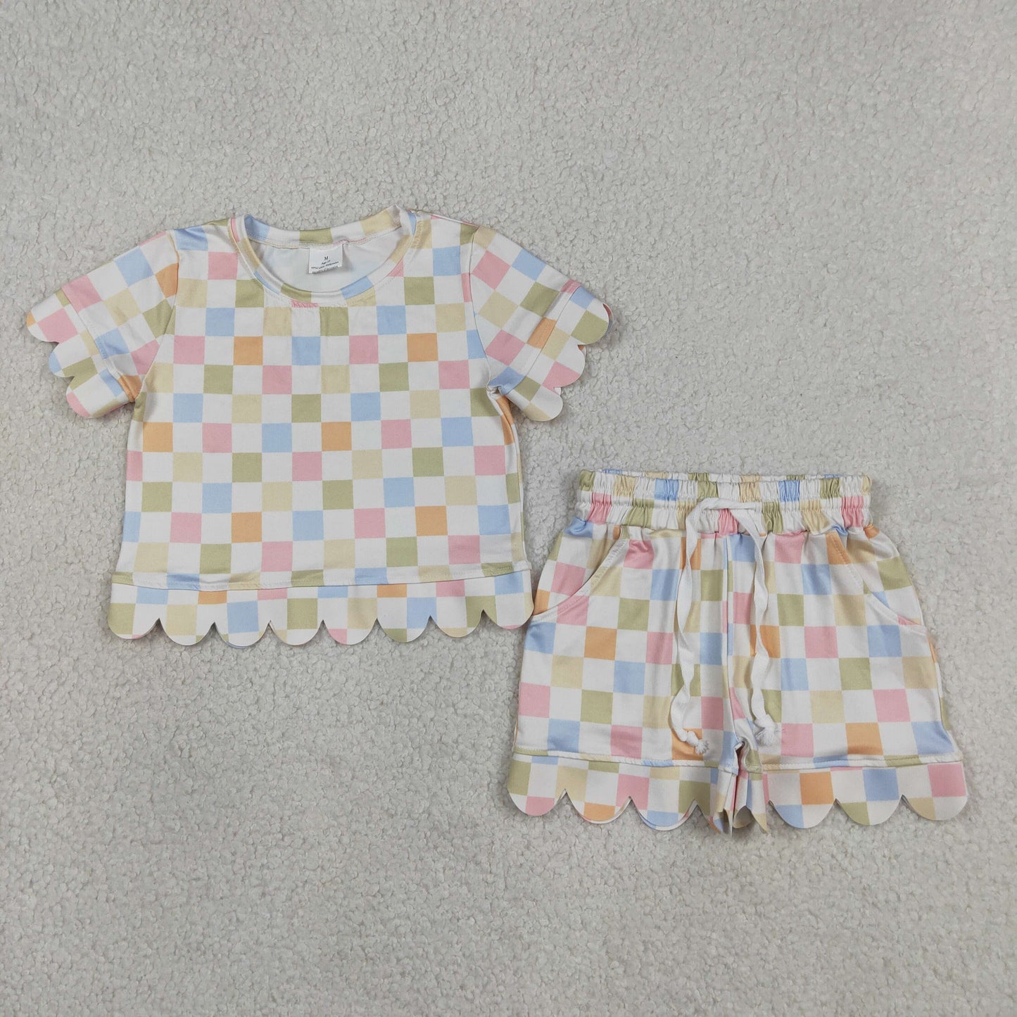 Sibling Baby Girls Colorful Checked Scallop Shirts Top Pockets Short Pajamas Clothes Sets
