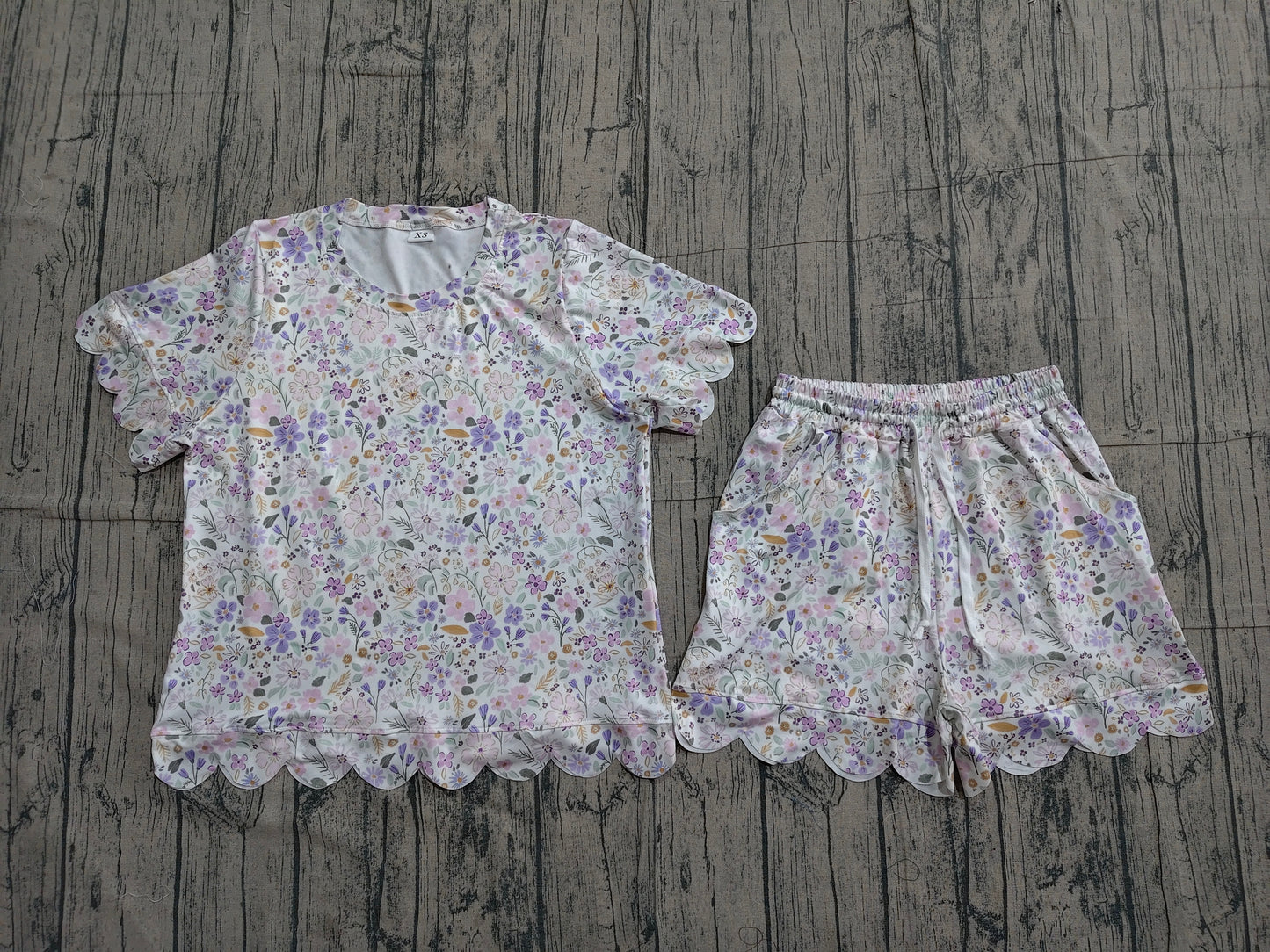 Adult Women Colorful Flowers Top Pockets Short Scallop Clothes Sets