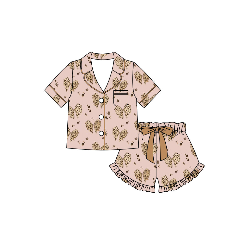 Baby Girls Leopard Bows Button Pocket Top Ruffle Short Pajamas Sets Preorder