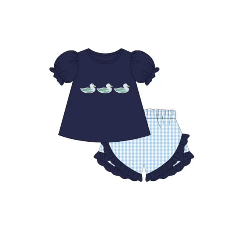 Baby Girls Navy Ducks Tunic Checked Ruffle Short Hunting Clothes Sets Preorder