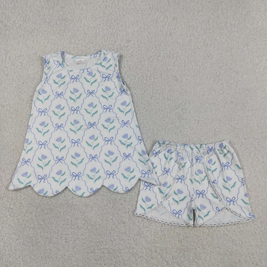 Baby Girls Blue Bow Flowers Checked Scallop Tunic Shorts Clothes Set