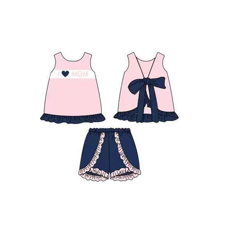 Baby Girls I Love Mom Back Bow Tunic Ruffle Shorts Clothes Set Preorder