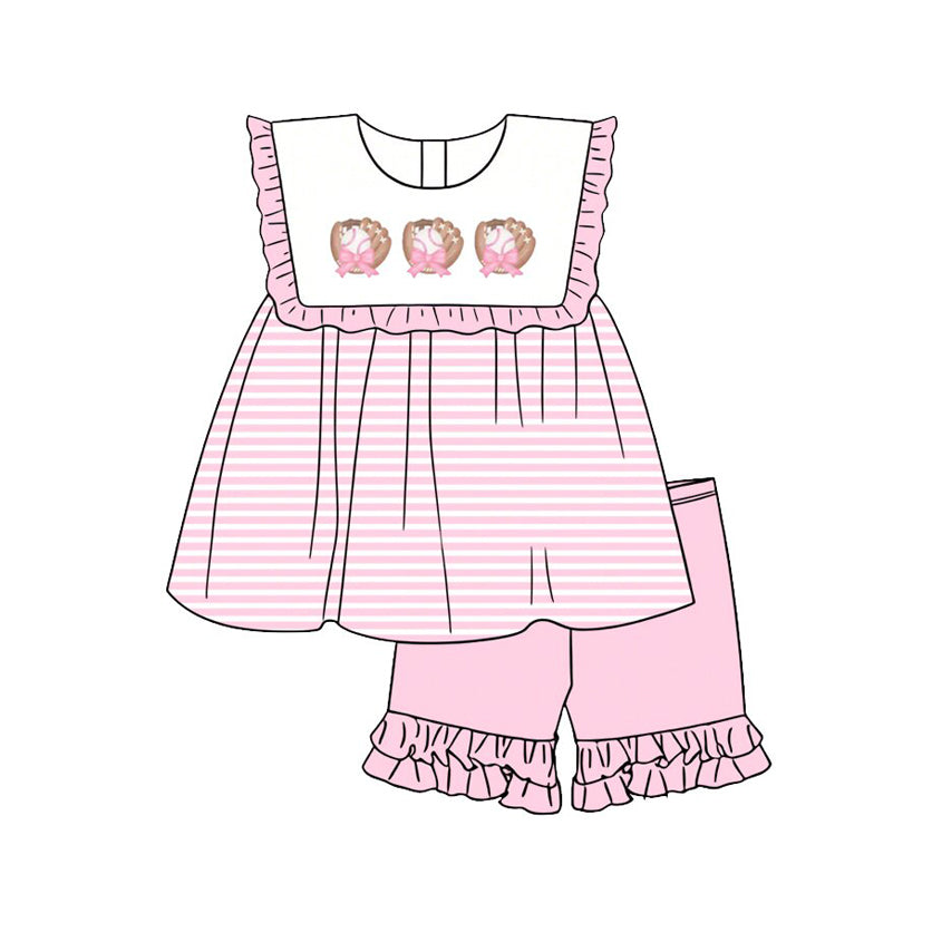 Baby Girls Sleeveless Baseballs Stripe Tunic Ruffle Short Team Clothes Sets Preorder
