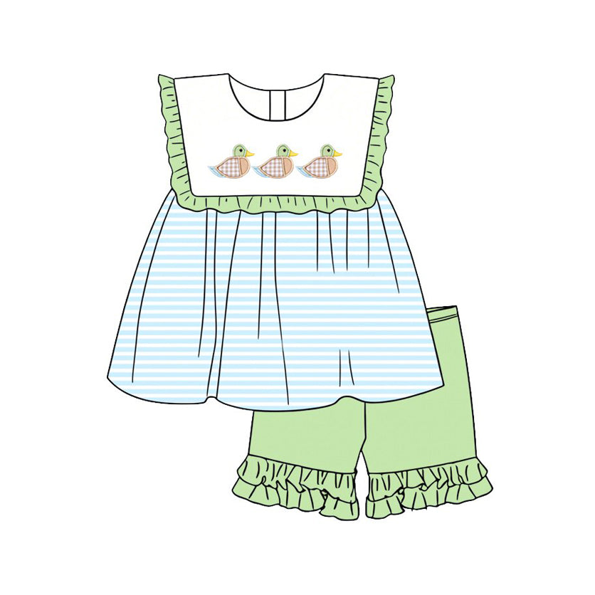 Baby Girls Sleeveless Ducks Stripe Tunic Ruffle Short Clothes Sets Preorder