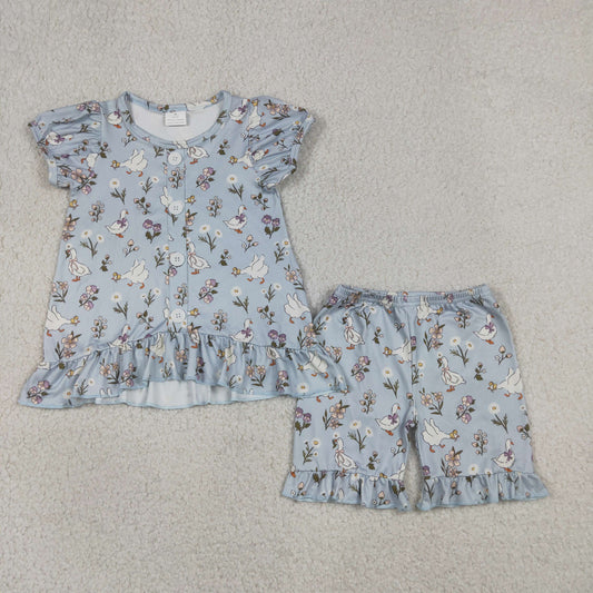 Baby Girls Flowers Gooses Button Tunic Ruffle Short Clothes Sets