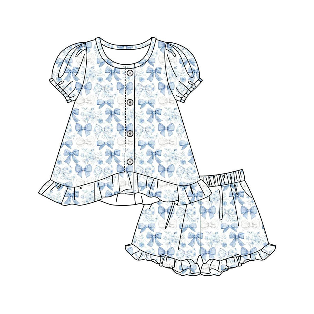 Baby Girls Blue Flowers Bows Button Tunic Ruffle Short Clothes Sets Preorder