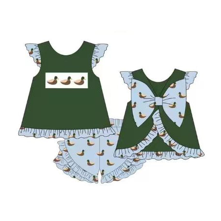 Baby Girls Green Ducks Back Bows Tunic Ruffle Short Hunting Clothes Sets Preorder