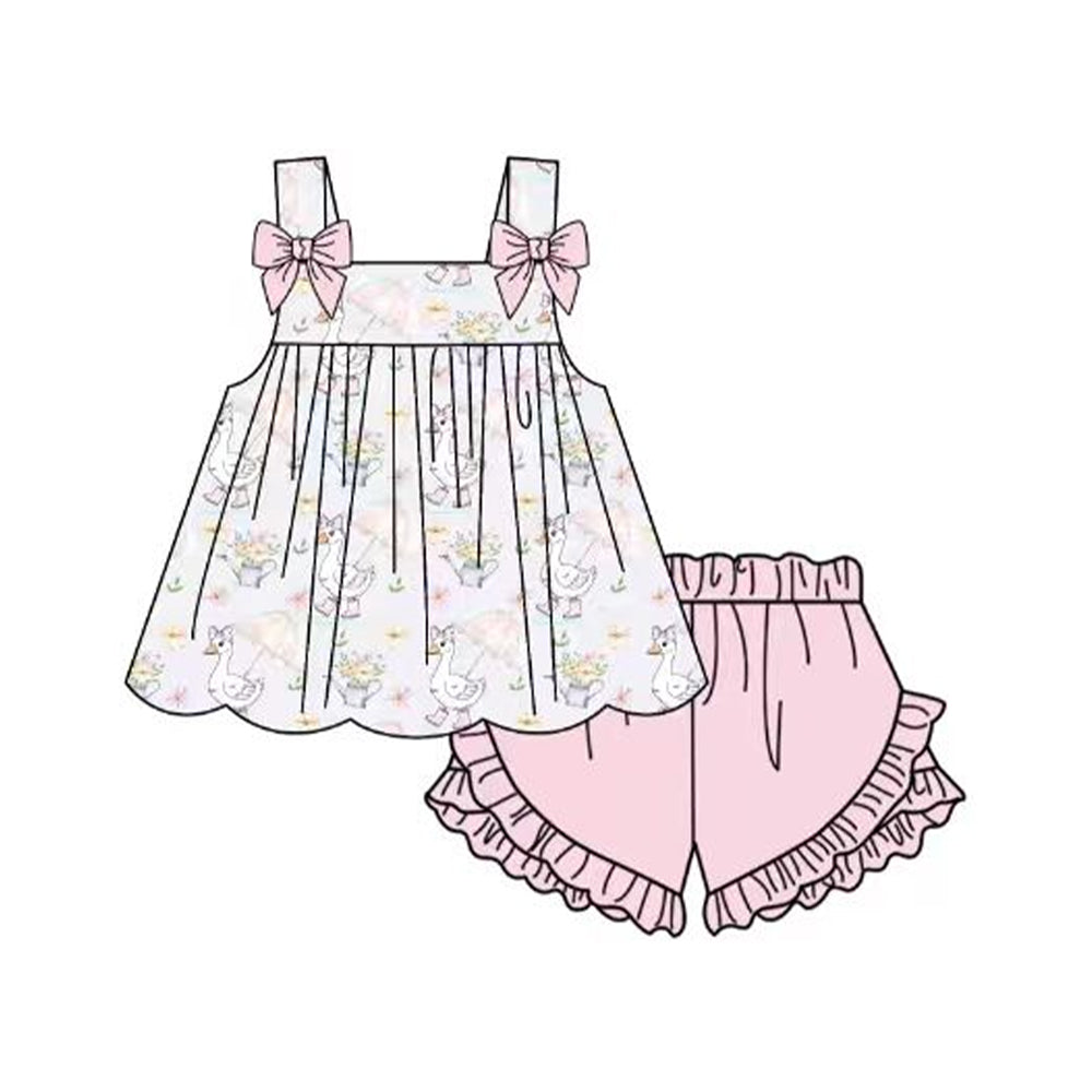 Baby Girls Strap Pink Flowers Goose Tunic Ruffle Short Clothes Sets Preorder