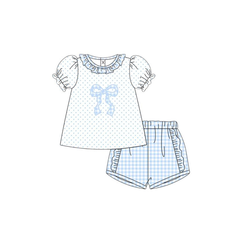 Baby Girls Blue Polka Dots Bows Tunic Checked Ruffle Short Clothes Sets Preorder