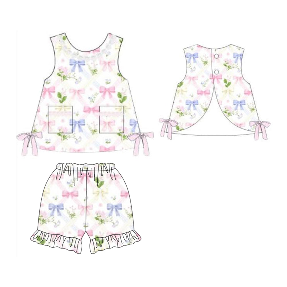Baby Girls Colorful Flower Bows Pockets Tunic Ruffle Short Clothes Sets Preorder