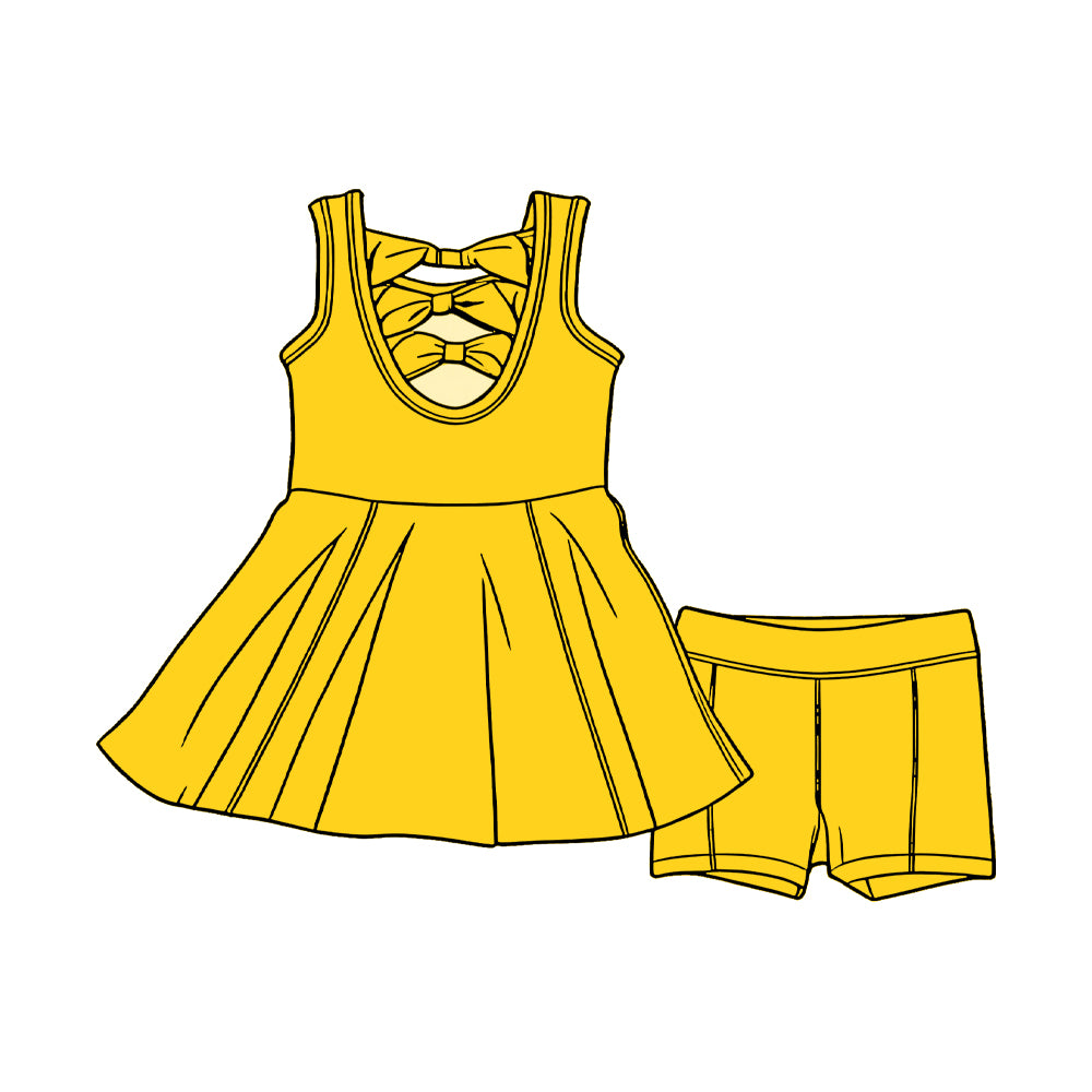 Baby Girls Yellow Sleeveless Back Bows Tunic Shorts Clothes Sets Preorder