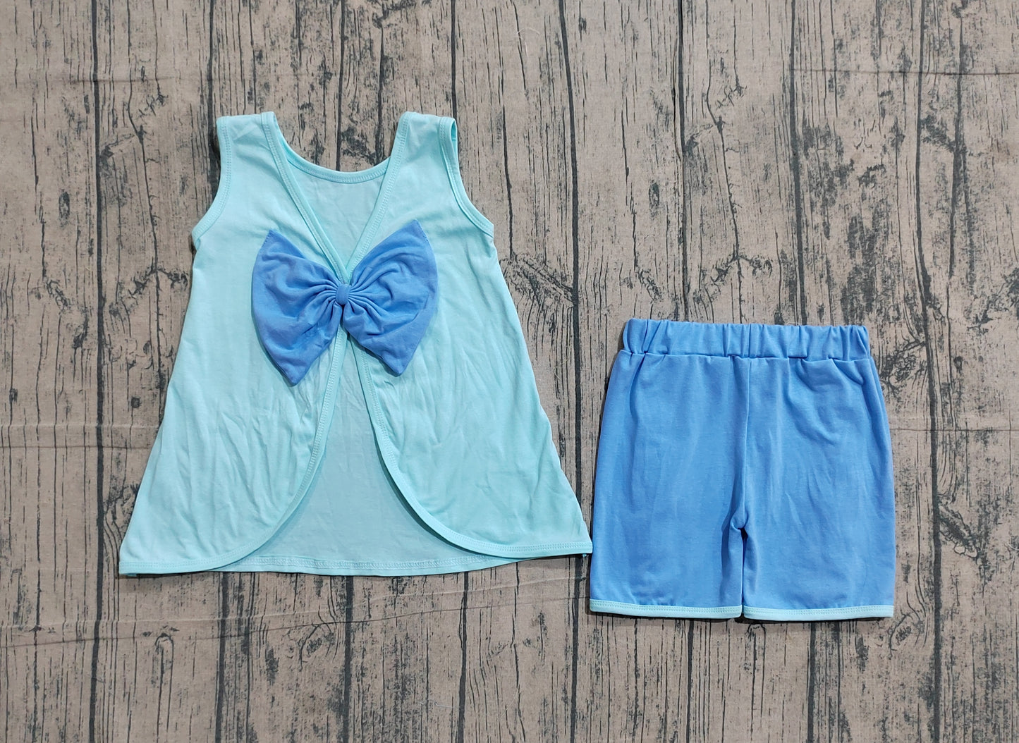 Baby Girls Blue Sleeveless Back Bows Tunic Ruffle Shorts Clothes Sets