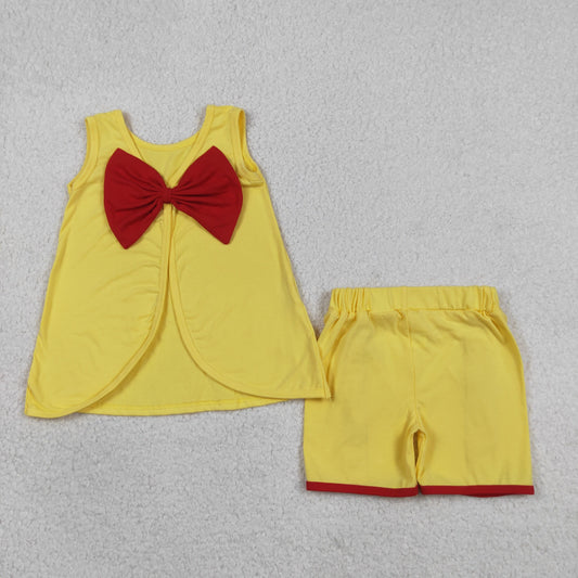 Baby Girls Yellow Sleeveless Back Bows Tunic Ruffle Shorts Clothes Sets