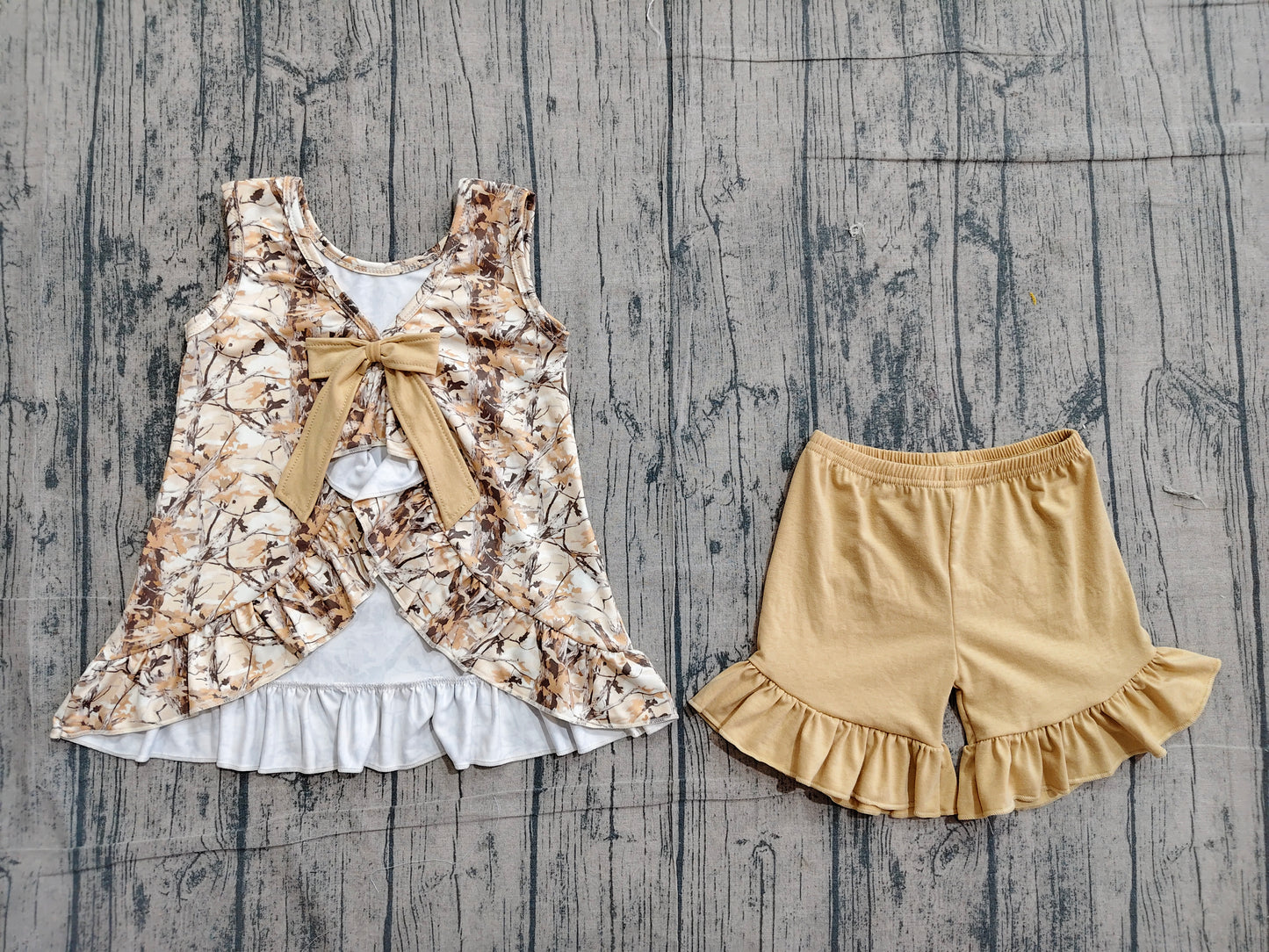 Baby Girls Southern Leaves Camo Back Bow Tunic Ruffle Shorts Clothes Sets