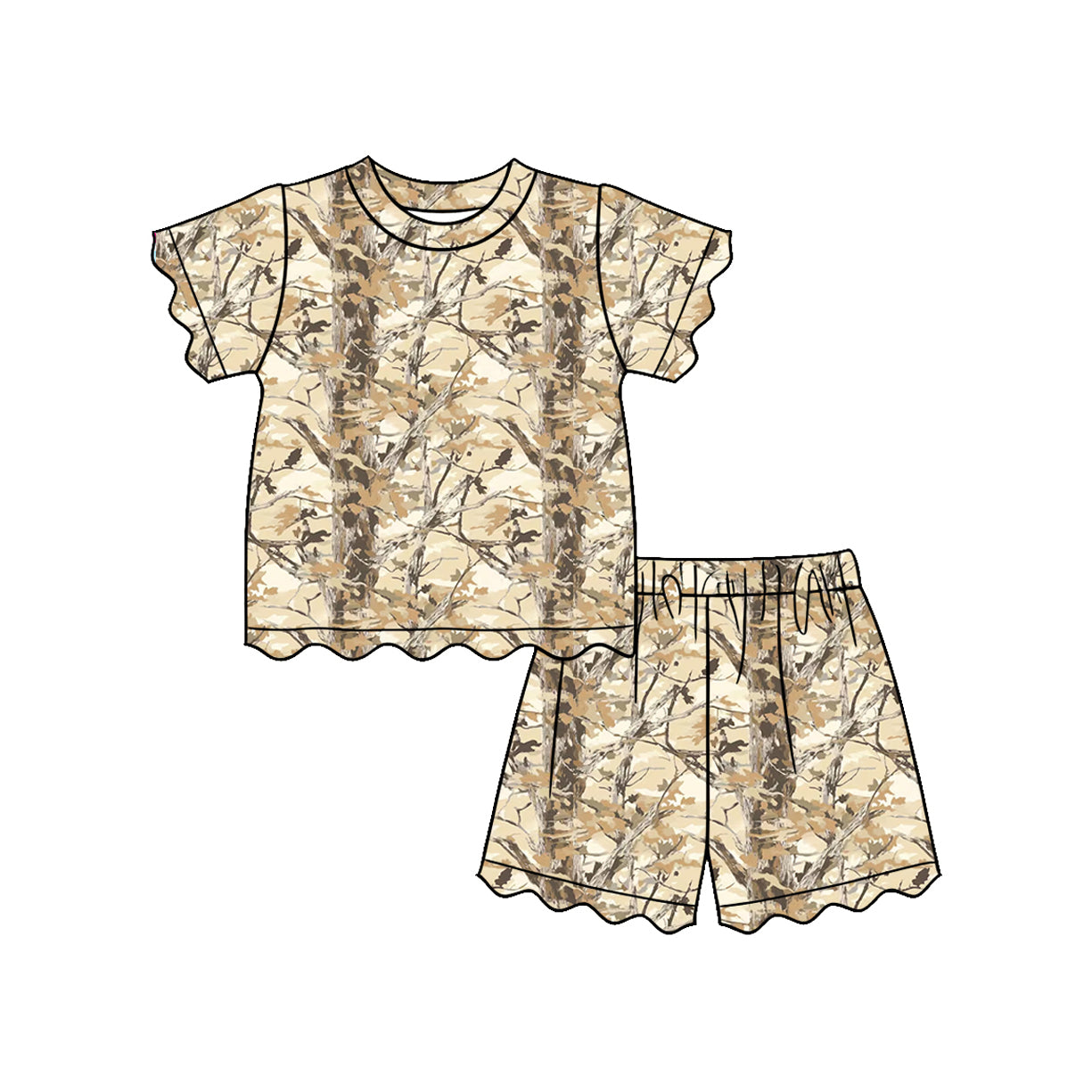 Baby Girls Scallop Short Sleeve Southern Leaves Camo Top Shorts Pajamas Sets Preorder