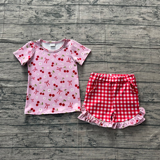 Baby Girls Cherry Flowers Top Checked Ruffle Shorts Clothes Sets