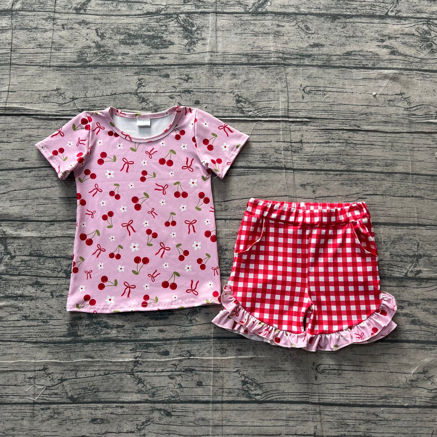 Baby Girls Cherry Flowers Top Checked Ruffle Shorts Clothes Sets