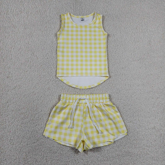 Baby Girls Yellow Checked Vests Top Butterfly Short Yoga Active Clothes Set