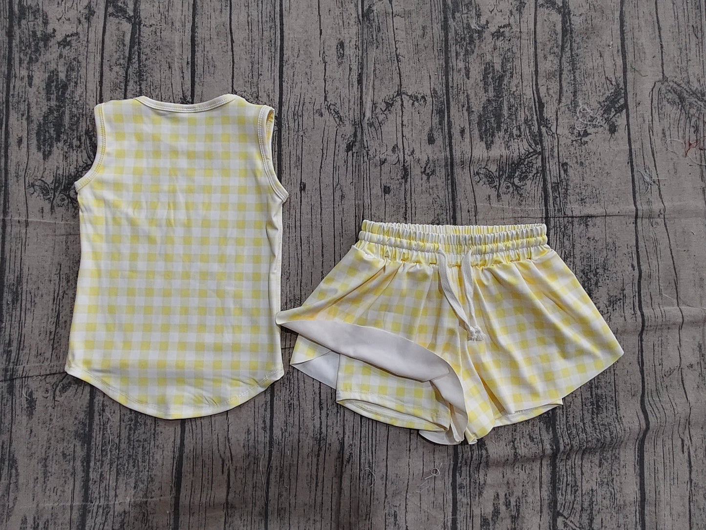 Baby Girls Yellow Checked Vests Top Butterfly Short Yoga Active Clothes Set