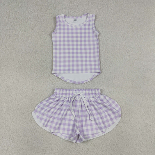 Baby Girls Lavender Checked Vests Top Butterfly Short Yoga Active Clothes Set