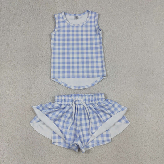 Baby Girls Blue Checked Vests Top Butterfly Short Yoga Active Clothes Set