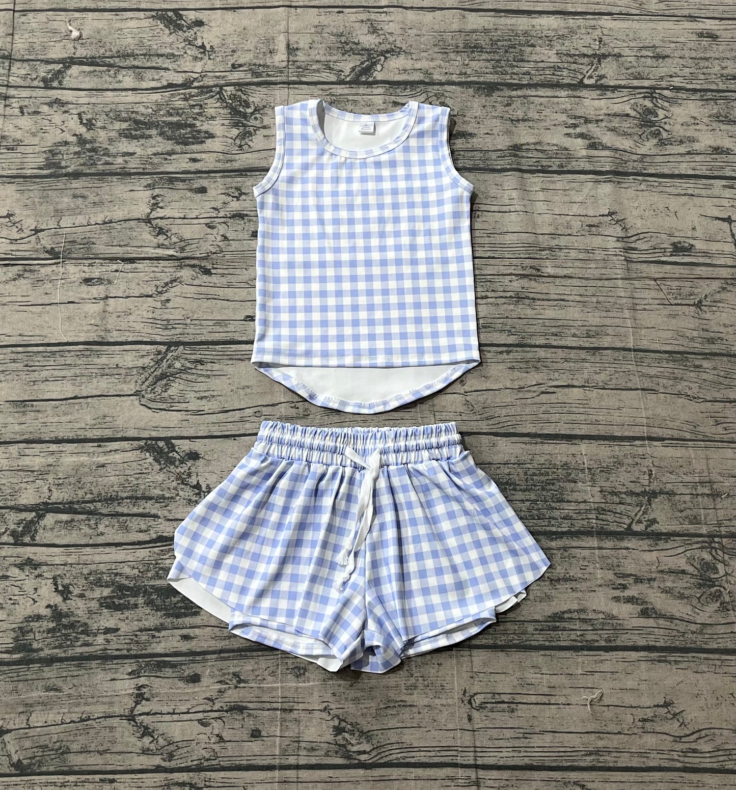 Baby Girls Blue Checked Vests Top Butterfly Short Yoga Active Clothes Set