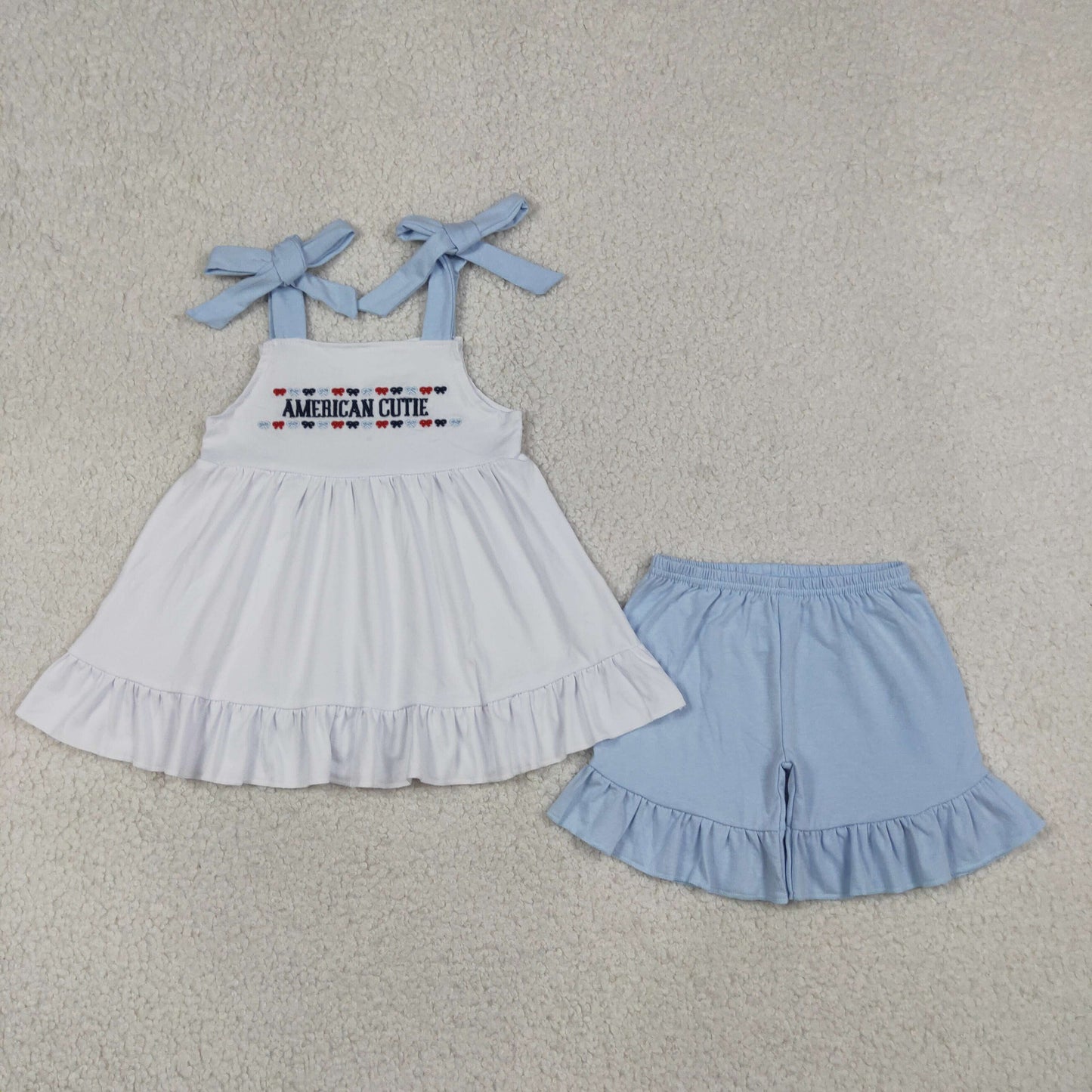 Embroidery American Cutie Baby Girls Strap Tunic Ruffle Short 4th of July Clothes Sets