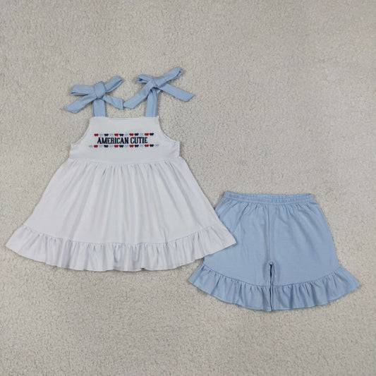 Embroidery American Cutie Baby Girls Strap Tunic Ruffle Short 4th of July Clothes Sets