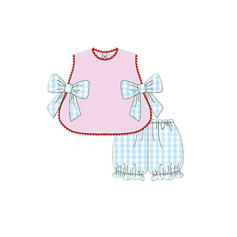 Baby Girls Sleeveless Bows Tunic Checked Ruffle Short Clothes Sets Preorder