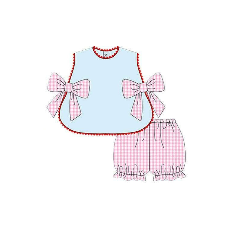 Baby Girls Sleeveless Bows Tunic Checked Ruffle Short Clothes Sets Preorder