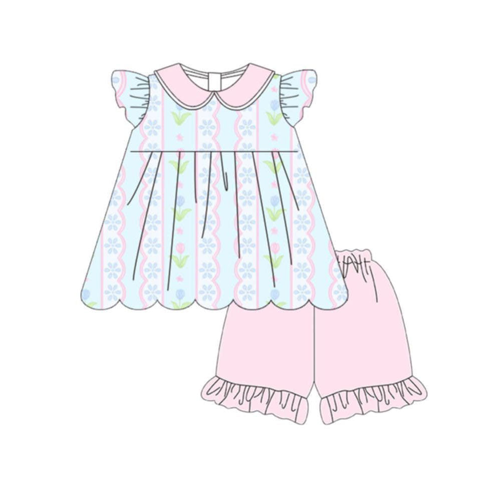 Baby Girls Flowers Stripe Tunic Ruffle Short Clothes Sets Preorder