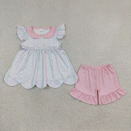 Baby Girls Flowers Stripe Collar Scallop Tunic Ruffle Short Clothes Sets