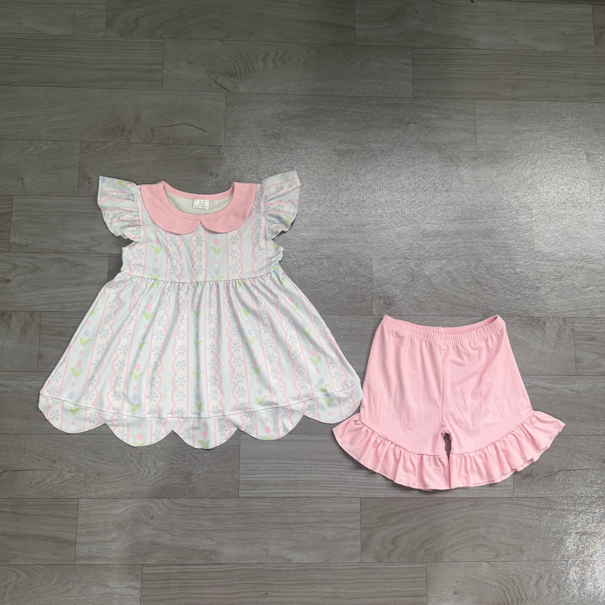 Baby Girls Flowers Stripe Collar Scallop Tunic Ruffle Short Clothes Sets