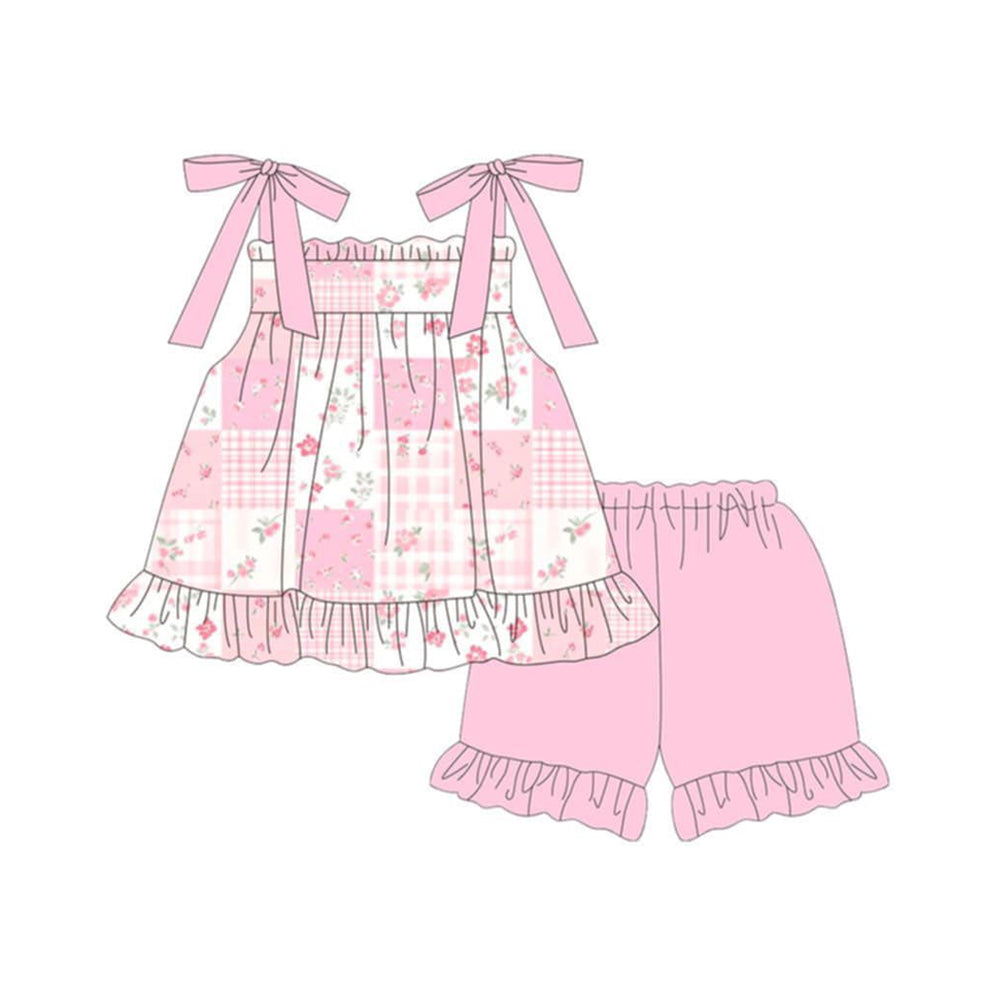 Baby Girls Pink Flowers Checked Tunic Ruffle Short Clothes Sets Preorder
