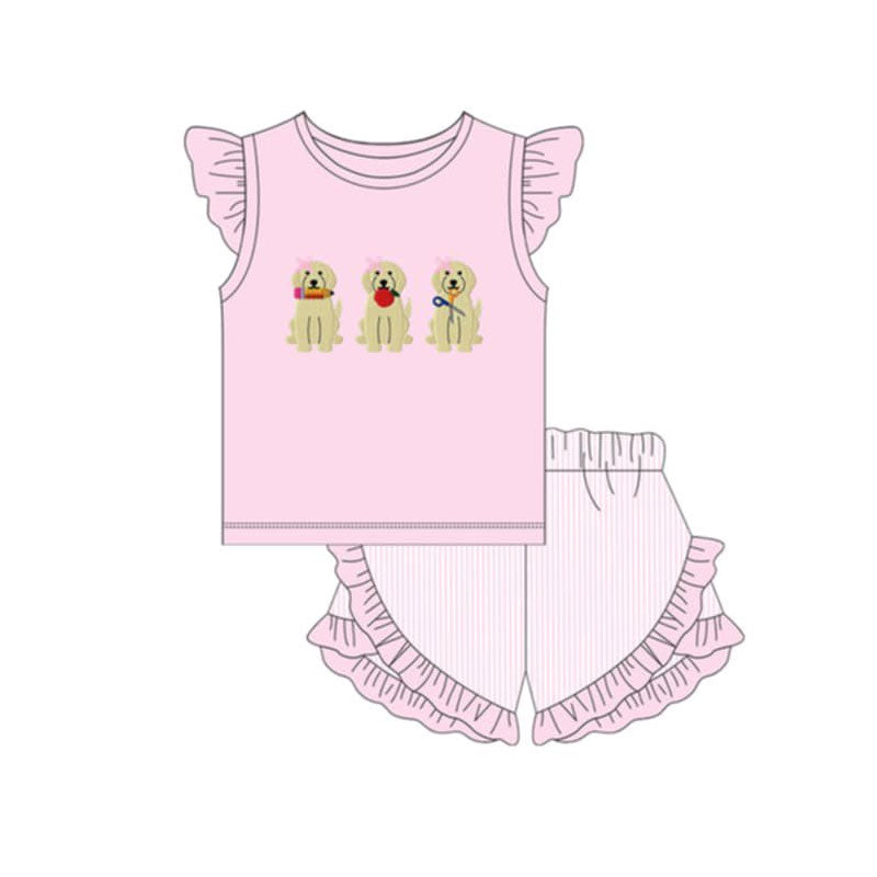 Baby Girls Apple Pencil Dogs Top Stripe Ruffle Short Back to School Clothes Sets Preorder