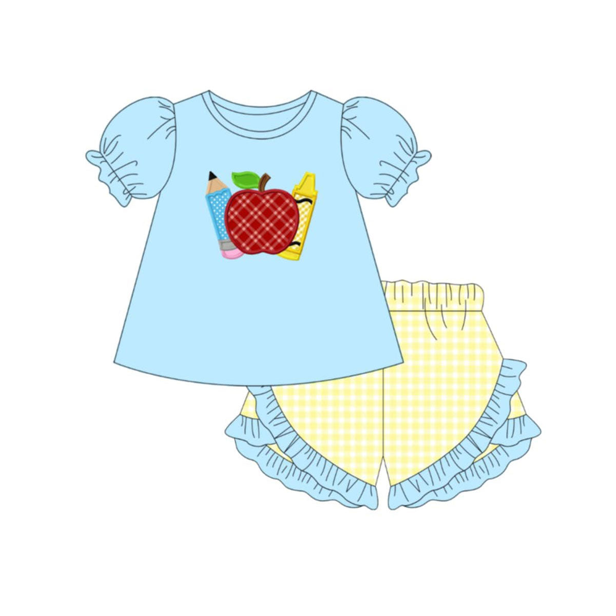 Baby Girls Apple Pencils Tunic Checked Ruffle Short Back to School Clothes Sets Preorder