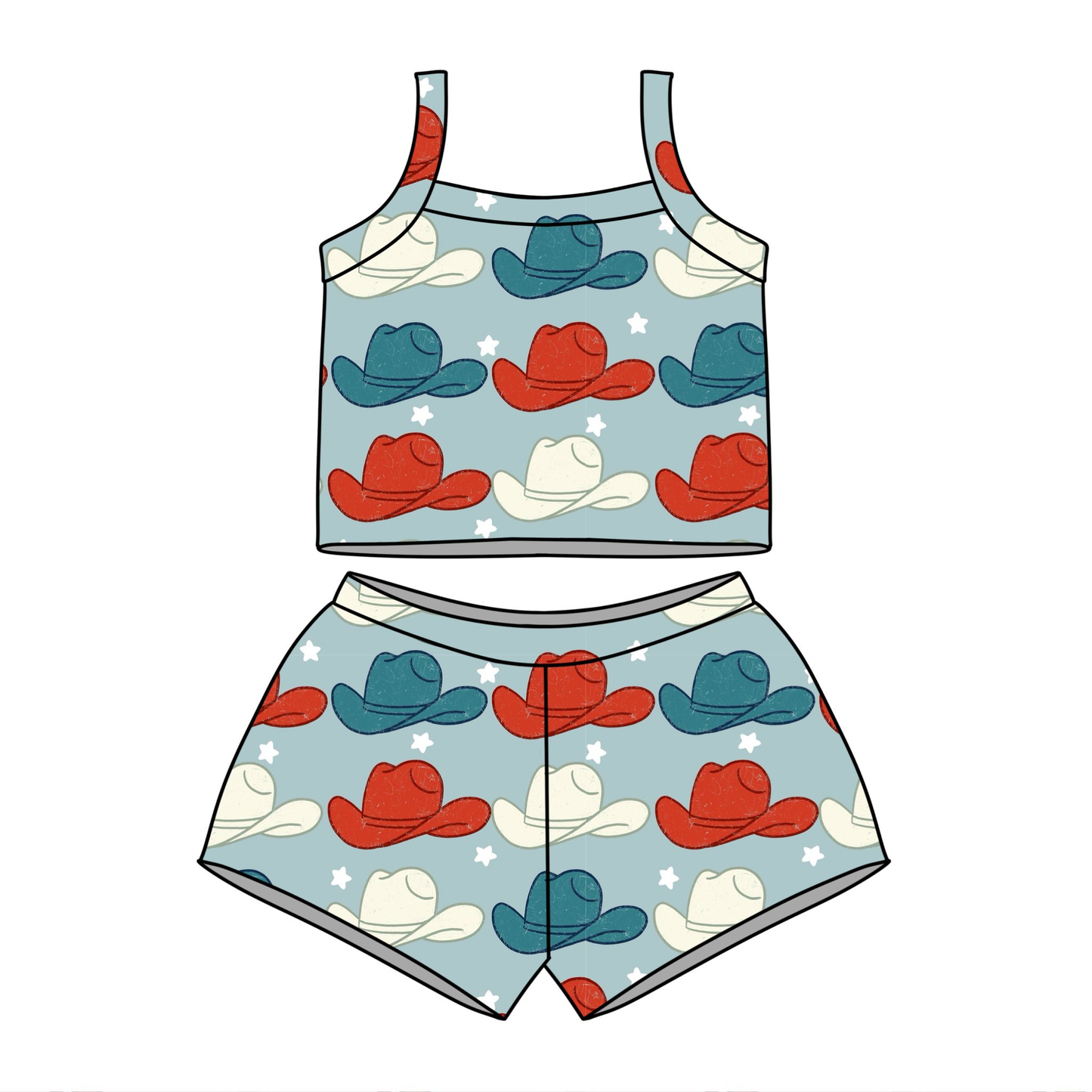 Baby Girls Strap Hats Stars Vests Top Short Western Clothes Sets Preorder