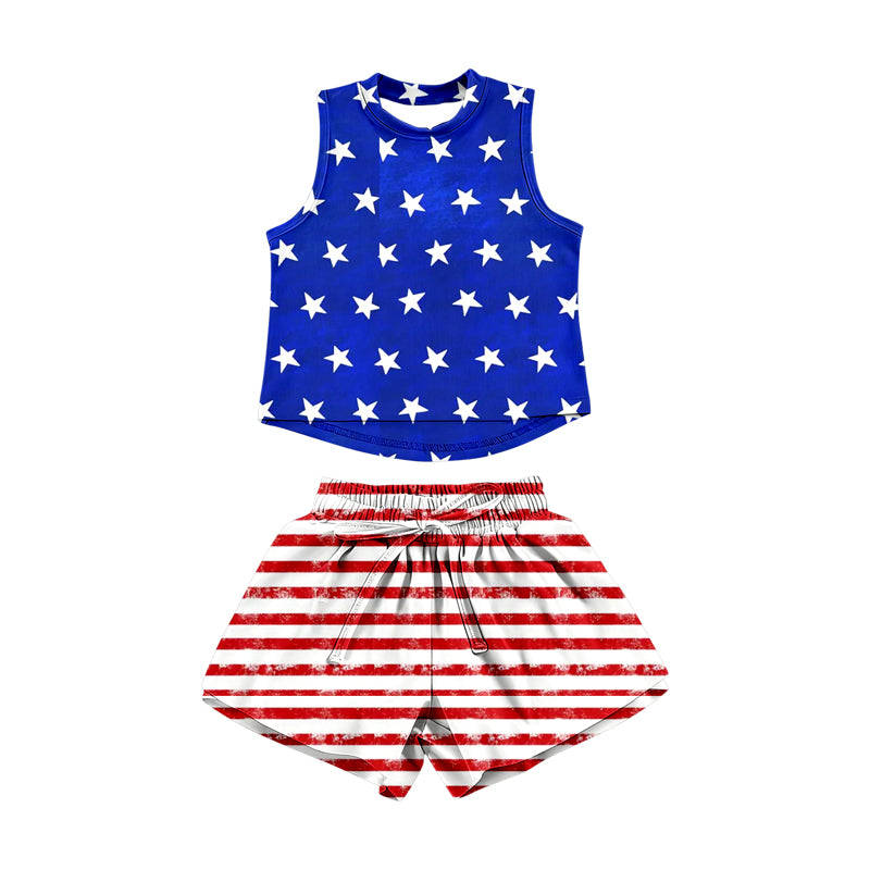 Baby Girls Blue Stars Plaid Top Red Stripe Short 4th of July Clothes Sets Preorder