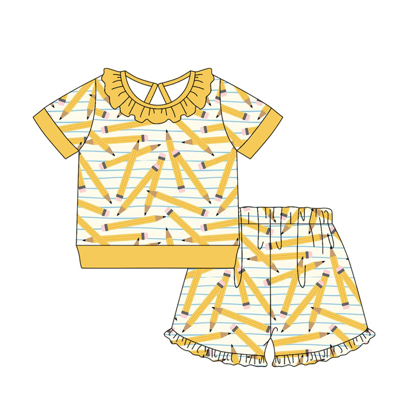 Baby Girls Yellow Pencils Stripe Top Ruffle Short Back to School Clothes Sets Preorder