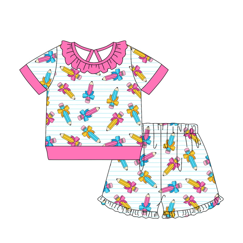 Baby Girls Bows Pencils Stripe Top Ruffle Short Back to School Clothes Sets Preorder