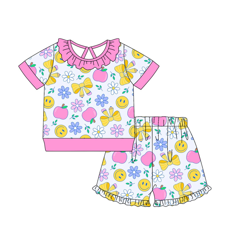 Baby Girls Bows Pencils Flowers Top Ruffle Short Back to School Clothes Sets Preorder
