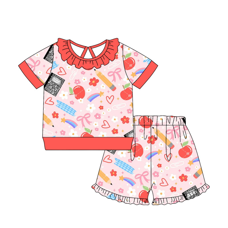 Baby Girls Pencil Flower Apples Top Ruffle Short Back to School Clothes Sets Preorder