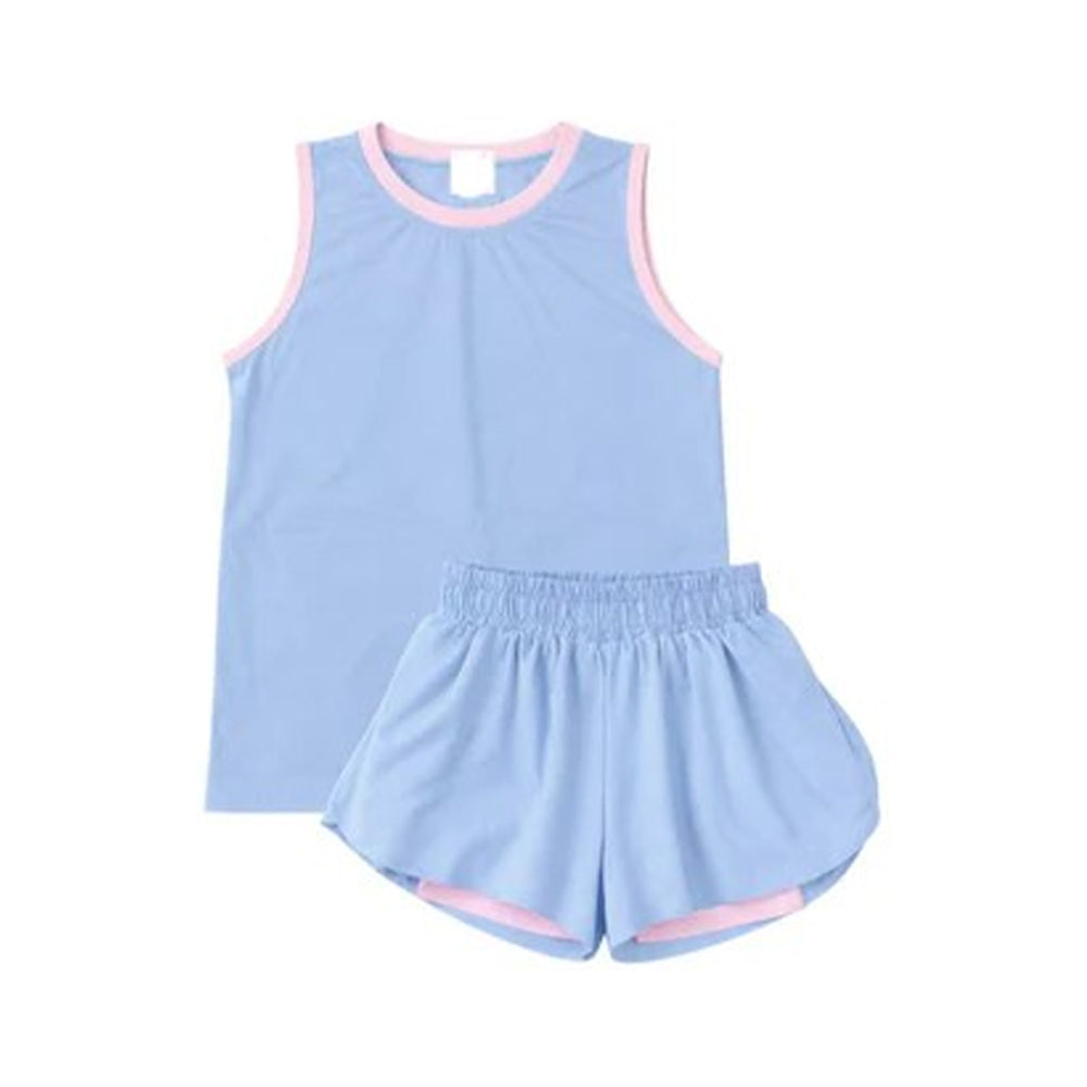 Baby Girls Blue Sleeveless Vests Top Ruffle Short Yoga Active Clothes Set Preorder